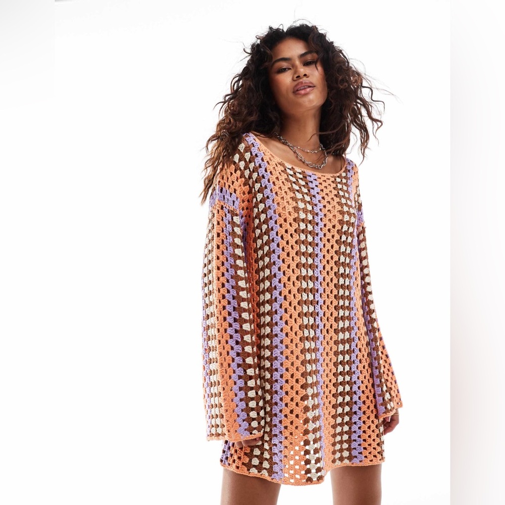 New VRG GRL Myra Crochet Mini Dress Apricot Crochet Knit Dress